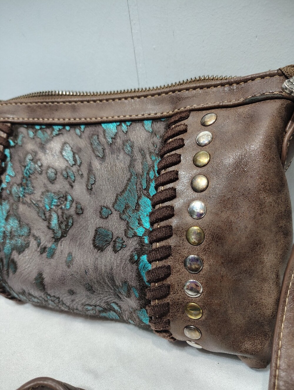 Montana West Trinity Ranch Hair on Hide Crossbody Bag Turquoise Studded Small - Picture 13 of 14